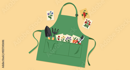 Flat illustration of a green gardening apron with hand tools and seed packets. Concept of home gardening, planting and outdoor hobby. Suitable for gardening, spring season and eco lifestyle designs