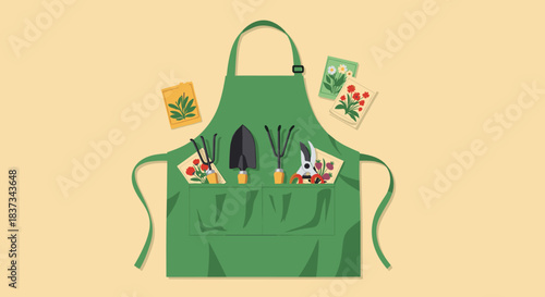 Flat illustration of a green gardening apron with hand tools and seed packets. Concept of home gardening, planting and outdoor hobby. Suitable for gardening, spring season and eco lifestyle designs