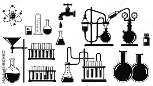 Design for science education websites, stem promotional materials, or lab safety posters: Black vector silhouette set of chemistry laboratory equipment, glassware, atom icon. Transparent SVG version.