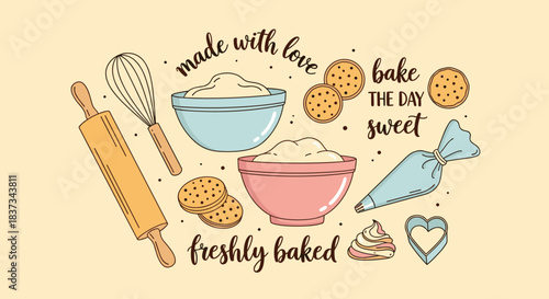 Charming baking concept with ingredients and utensils in playful style