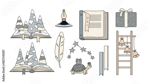 Enchanting Literary Collection: A whimsical assortment of literary elements come to life in this enchanting composition. Featuring open books nestled with snowy mountains, a graceful feather quill.
