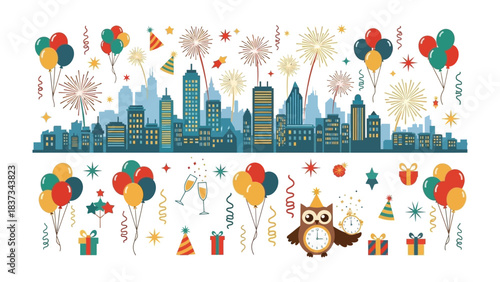 City Celebration Silhouette: A vibrant silhouette of a cityscape bursts with the excitement of a festive occasion, featuring colorful balloons, dazzling fireworks.