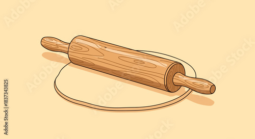 Wooden rolling pin and dough on beige background for baking themes