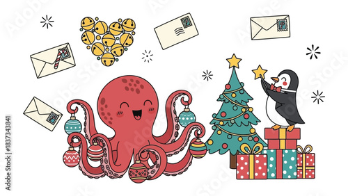 Festive Octopus and Penguin: An octopus, adorned with festive decorations, smiles warmly near a Christmas tree. Alongside, a penguin places a star, evoking the joy of the holiday season.