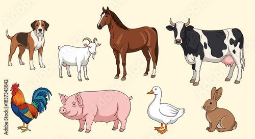 Collection of farm animals in cartoon style: dog, horse, cow, goat, rooster, pig, duck, rabbit