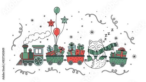 Whimsical Christmas Train: A delightful festive scene unfolds as a charming cartoon train, laden with gifts, balloons, and a sleepy fox, chugs through a winter wonderland. 