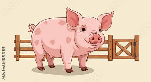 Cute cartoon pig standing by wooden fence on farm background