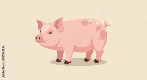 Cute cartoon pig on neutral background for kids and farm designs