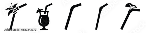 Set of tropical drink straw vector icon in silhouette design. summer design concepts.
