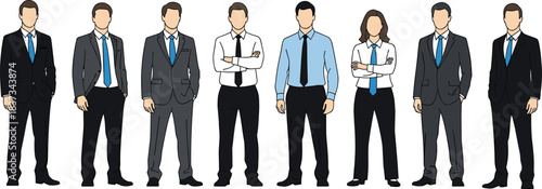Corporate Business Team Vector Illustration Showing Professional Men and Woman in Suits Standing Together Isolated on White Background