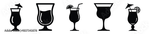 Set of tropical drink glass vector icon in silhouette design. summer design concepts.