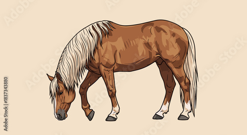Graceful grazing horse with blonde mane in flat design