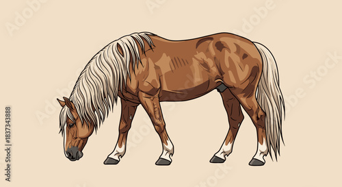 Realistic horse with flowing mane in pasture on beige background