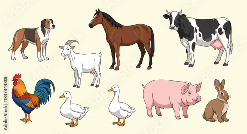 Colorful farm animals set: horse, cow, pig, goat, rooster, dog, duck, rabbit
