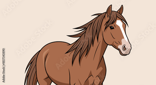 Stylized brown horse with flowing mane on beige background