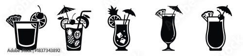 Set of tropical drink with vector icon in silhouette design. summer design concepts.