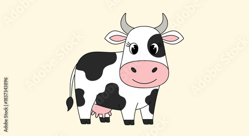 Cute cartoon cow with black and white spots on light background