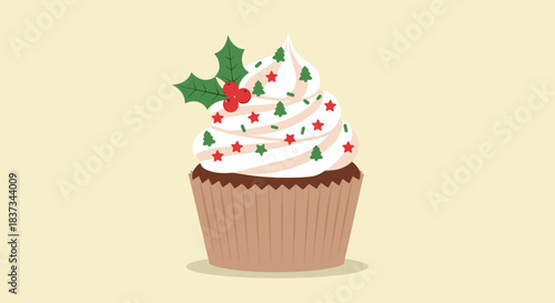 Festive christmas cupcake with holly and star sprinkles on creamy frosting