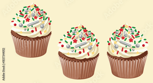 Festive cupcakes with colorful sprinkles and cream frosting in a flat design