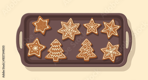 Festive gingerbread cookies on tray with holiday designs in flat style