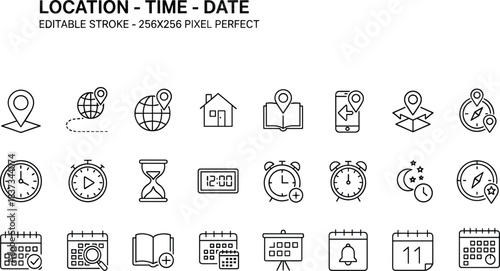 Location, time, and date icon set with calendar, clock, pin, editable vector, outline style, productivity, interface, UI design
