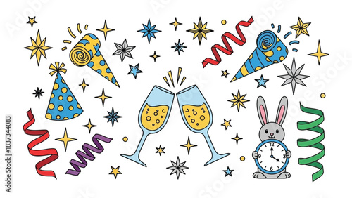 Celebratory Assemblage: A vibrant illustration showcasing the joy of festive events, featuring clinking champagne glasses, confetti, party hats, party horn, and whimsical elements.