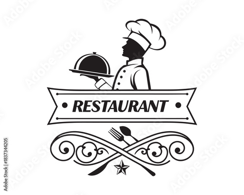 A black and white vintage style logo for a restaurant, showcasing a chef with a serving dish and decorative crossed cutlery below