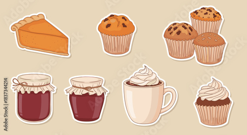 Cozy bakery treats with dessert and beverage icons on light background