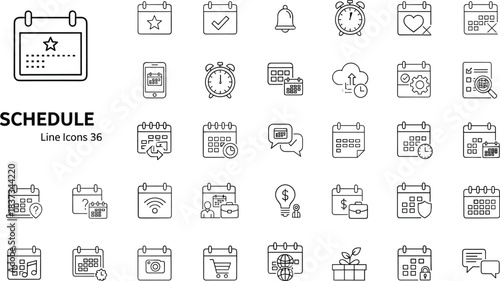 Schedule icon set with calendar, clock, checklist, gear, cloud, shopping, music, camera, editable vector, outline style, productivity, interface
