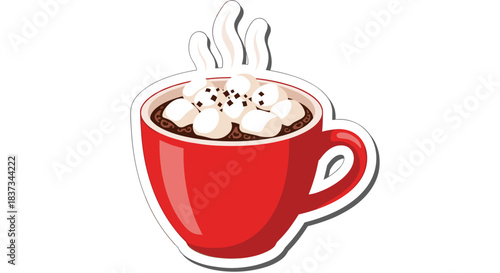 Cozy red mug filled with steaming hot chocolate and marshmallows