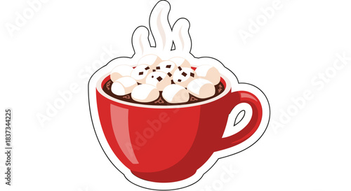 Cozy red mug of hot chocolate with marshmallows and steam