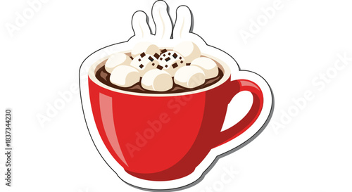 Cozy red cup of steaming hot chocolate with marshmallows design