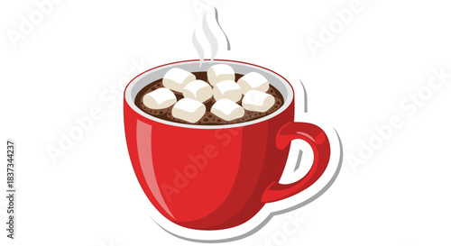 Red mug filled with hot chocolate and marshmallows in a flat design