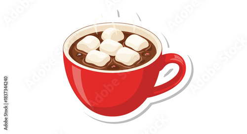 Red cup of hot cocoa with marshmallows on white background