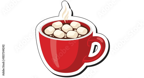 Steaming cup of hot chocolate with marshmallows in a red mug