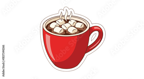 Cozy red mug with marshmallows and hot chocolate in cartoon style