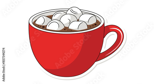Cozy red mug with hot chocolate and marshmallows in cartoon style