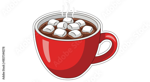 Cozy red mug of hot chocolate with marshmallows and steam