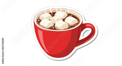 Red mug of hot chocolate with marshmallows on white background