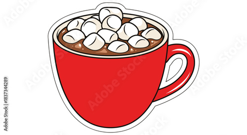 Cozy red mug of hot chocolate topped with marshmallows in flat style