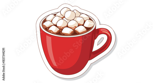 Cozy red mug of hot chocolate topped with fluffy marshmallows on a white background