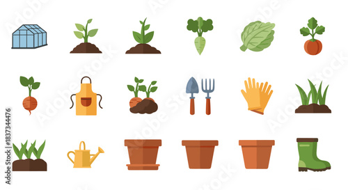 Garden icon set featuring plants, tools, and accessories in flat design