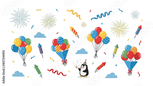 Celebration and Joy: Whimsical illustrations, balloons, streamers, fireworks, and a celebratory penguin. A festive explosion of happiness, capturing the essence of parties.