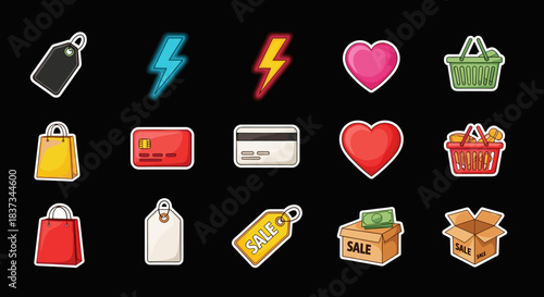 Colorful shopping icons with tags, cards, and baskets on black background