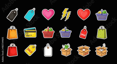 Colorful shopping and commerce icons with black background for online stores