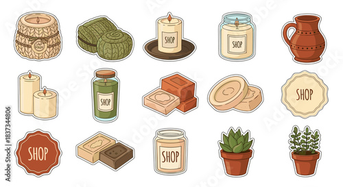 Rustic shop collection with candles, pottery, and plants in sticker style