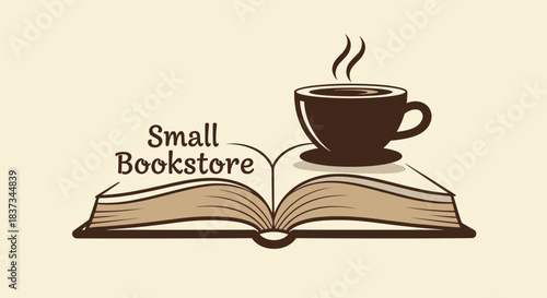 Cozy coffee and bookshop logo design with open book and steaming cup