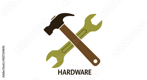 Crossed hammer and wrench design with hardware text in minimalist style