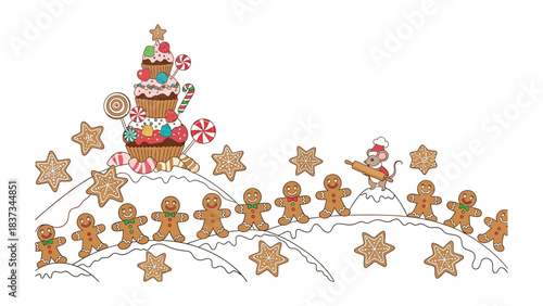 Gingerbread Village Celebration: A festive illustration showcasing a whimsical gingerbread village, with a playful array of cookies, snow, and a celebratory mood, all while celebrating.