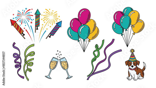 Festive Elements: A vibrant illustration showcasing fireworks, balloons, confetti, champagne flutes, and a delightful puppy, creating a celebratory atmosphere.